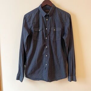 Zara Man Slim Fit Navy Blue Printed Snap Button Front Shirt Size Large Collared